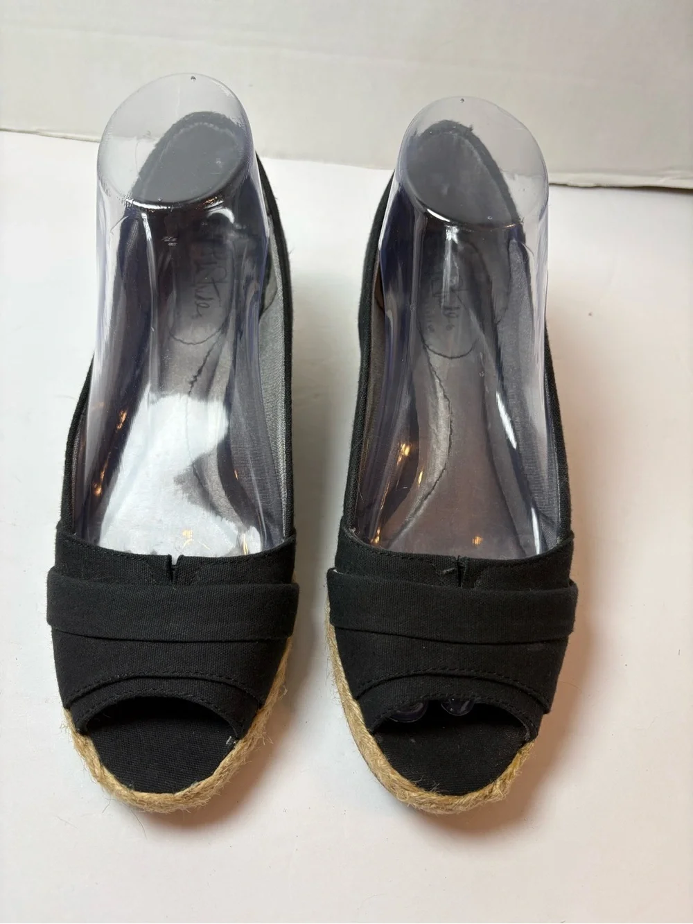 Life Stride Black Peep-Toe Espadrilles Wedge Heels Size 7